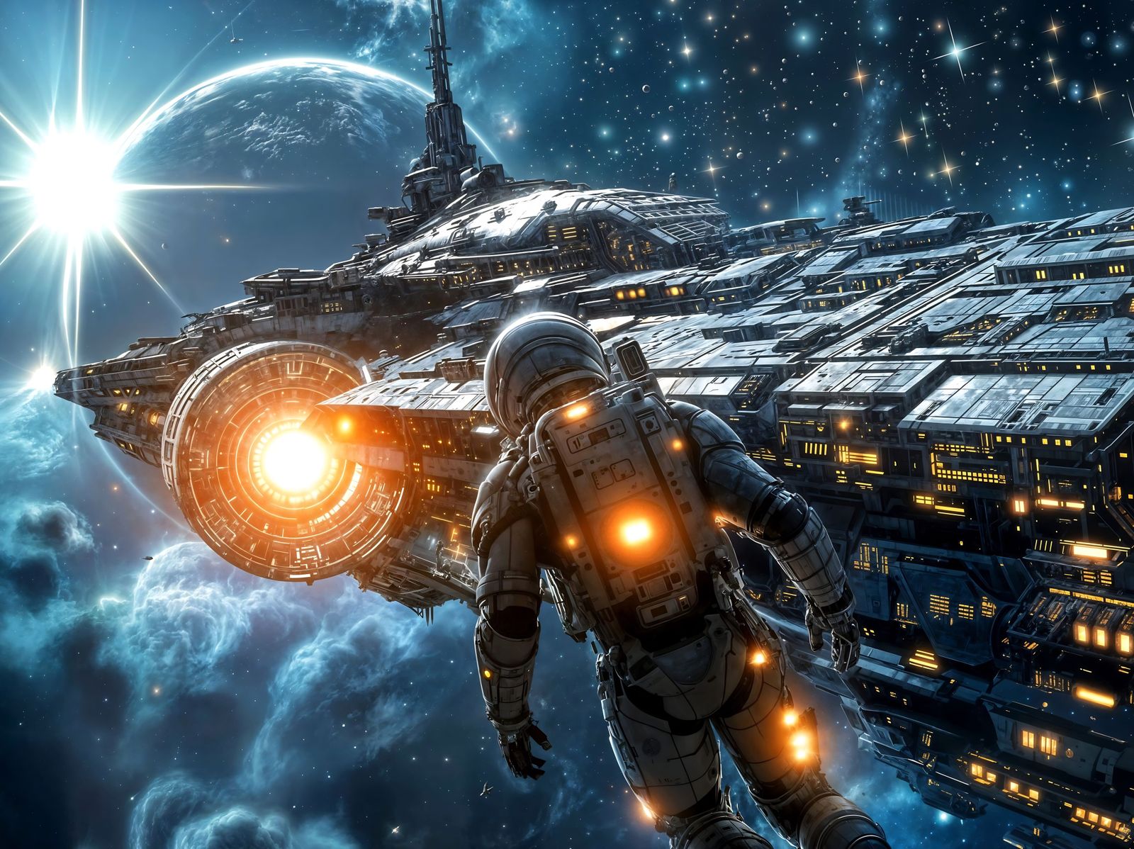 Cybernetic Astronaut's Journey to Spaceship