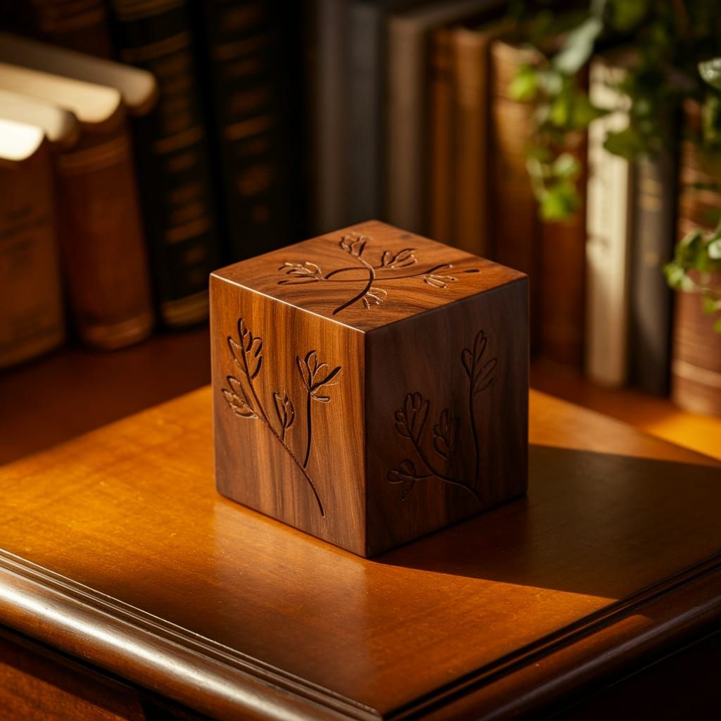 Wooden Cube with Leaf Carvings in Warm Light