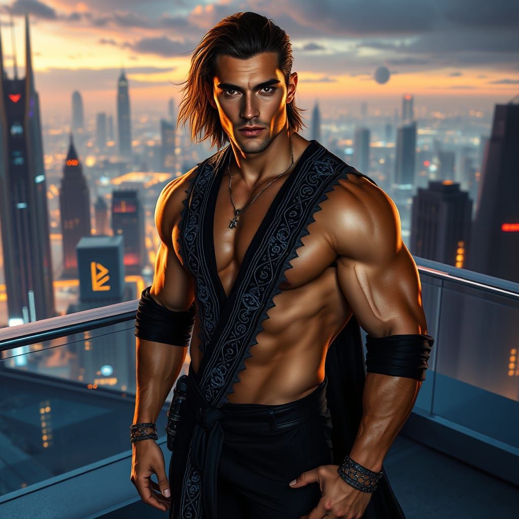 Futuristic Man on Rooftop with Neon Glow, Photorealistic