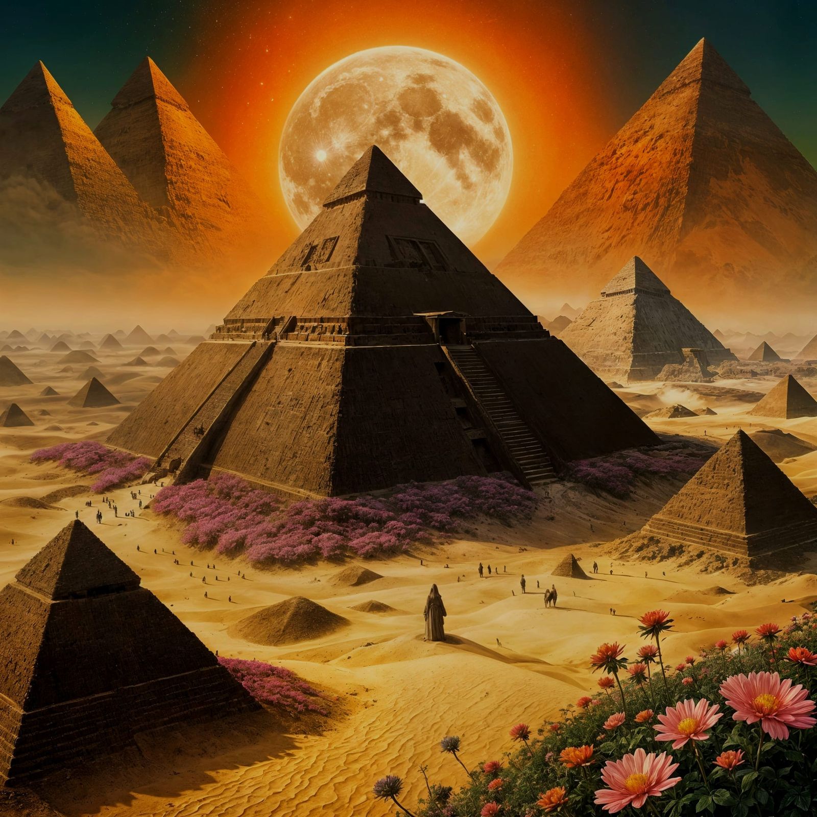 Giza Pyramids with Magical Flowers and Moonlit Sky