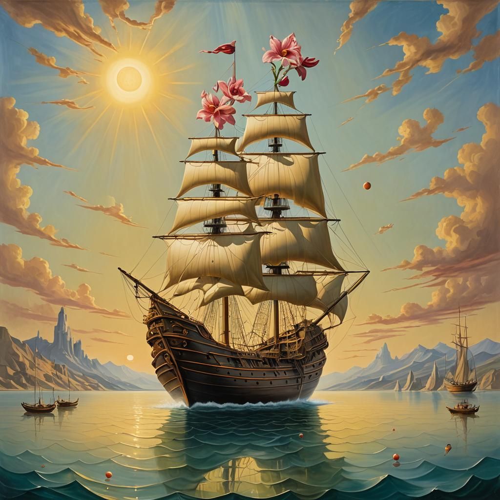 Ship with Rose Gladioli: Surrealist Oil Painting