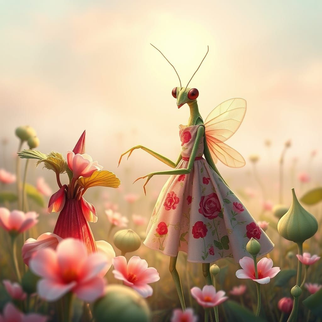 Mantis Tending Rhubarb: Ethereal Airbrush Art