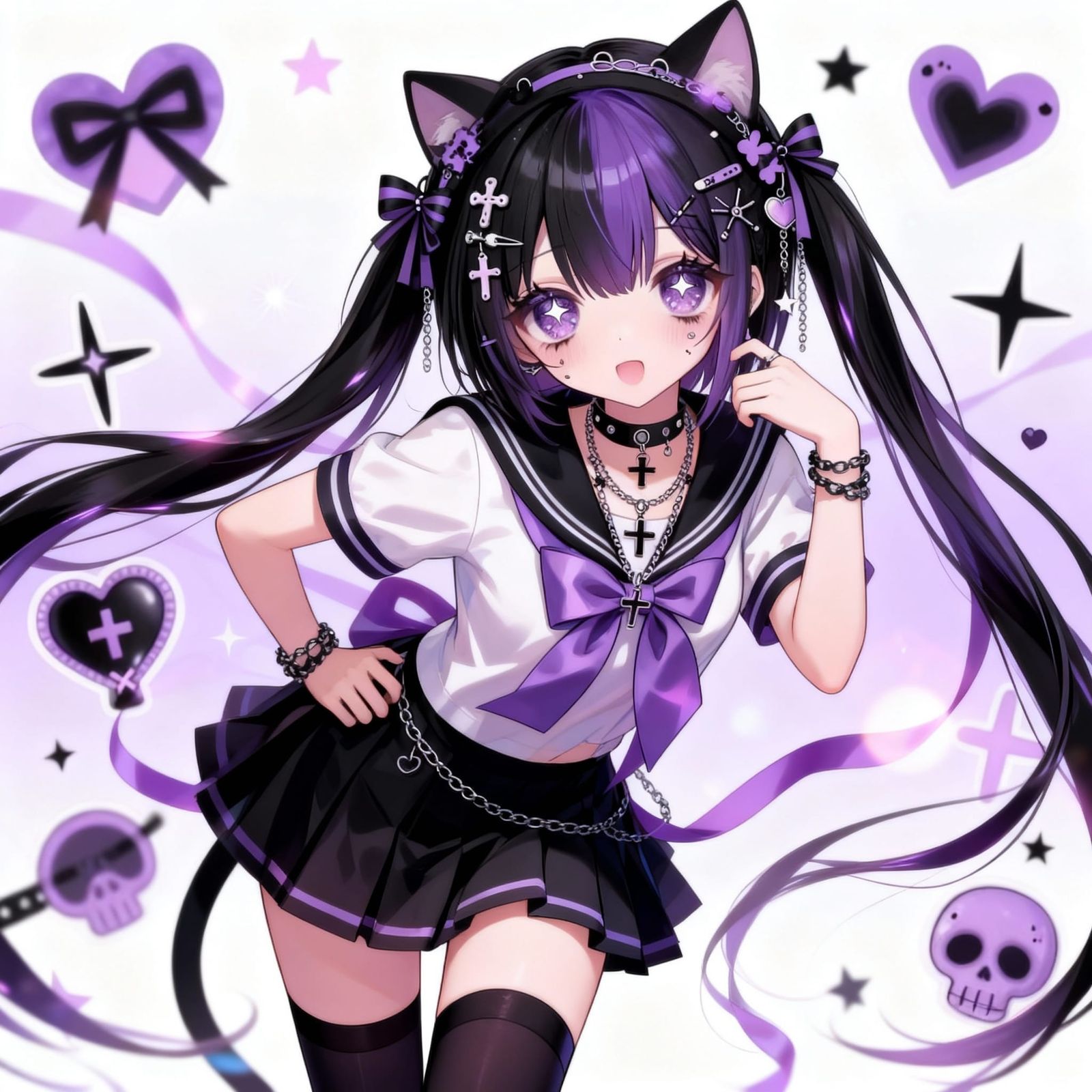 Cute Anime Girl with Cat Ears and Sailor Uniform
