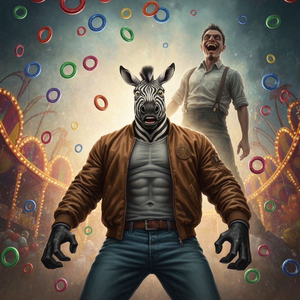 Frightened Zebra in Carnival Chaos, Oil Painting Style