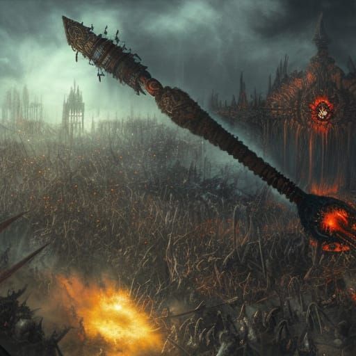 Violent Battle Scene with Demons and Siege Weapons