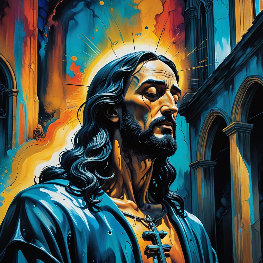 Giant Jesus Spirit Over Church in Surrealist Style