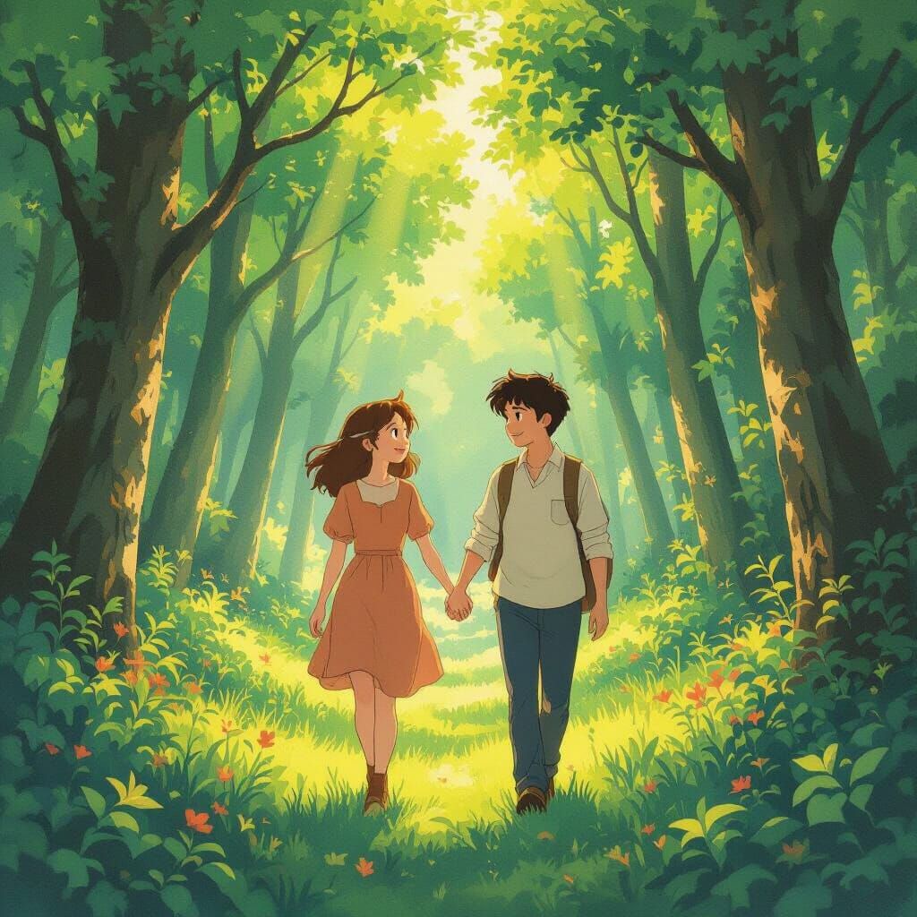 Loving Couple in Lush Forest, Ghibli Art Style