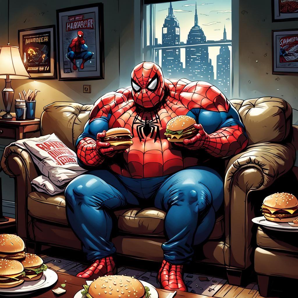 Fat Spiderman Enjoys Burger: Comic Book Art