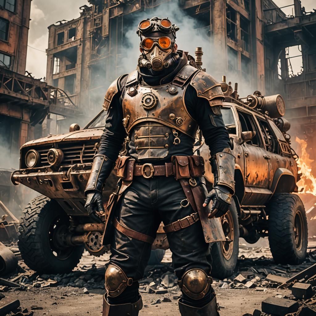 Steampunk Warrior in Post-Apocalyptic Wasteland