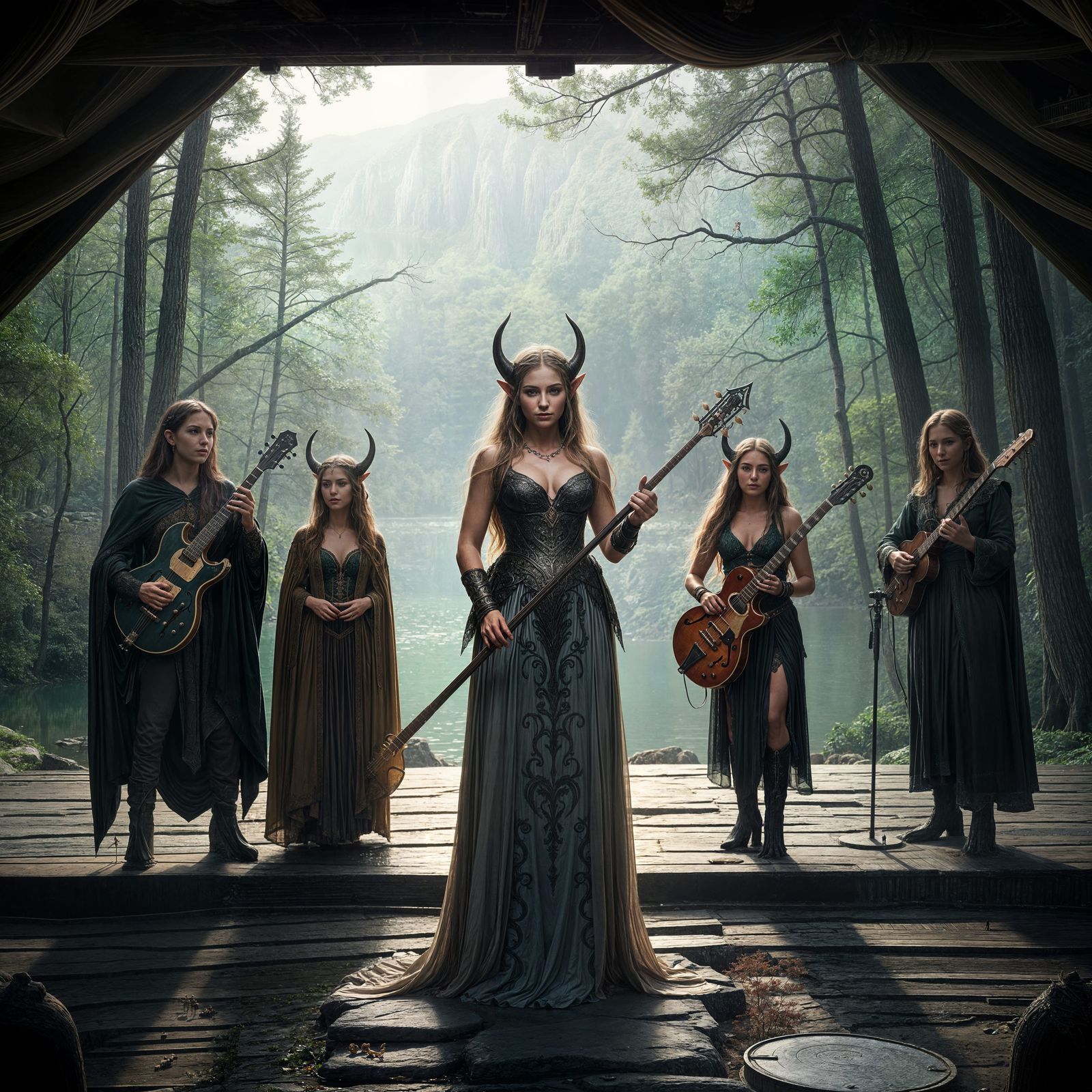 Elven Bard and Quartet on Forest Stage