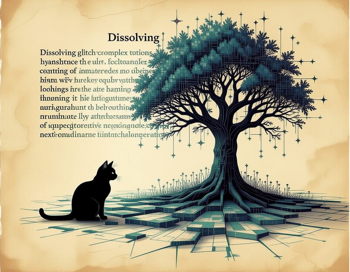 Glitchcore Cat Under Tree with Equations