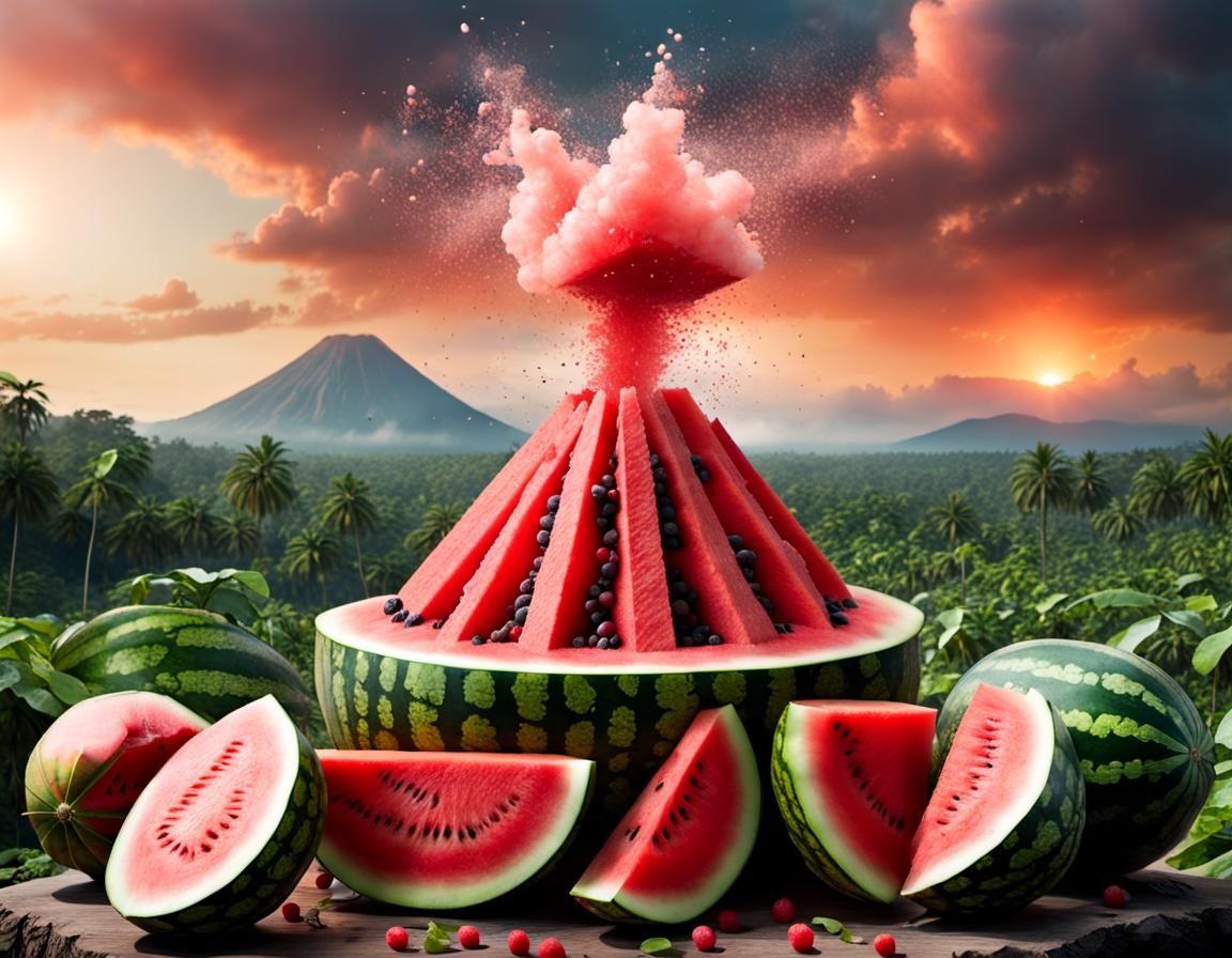 Watermelon Volcano Eruption in a Banana Forest