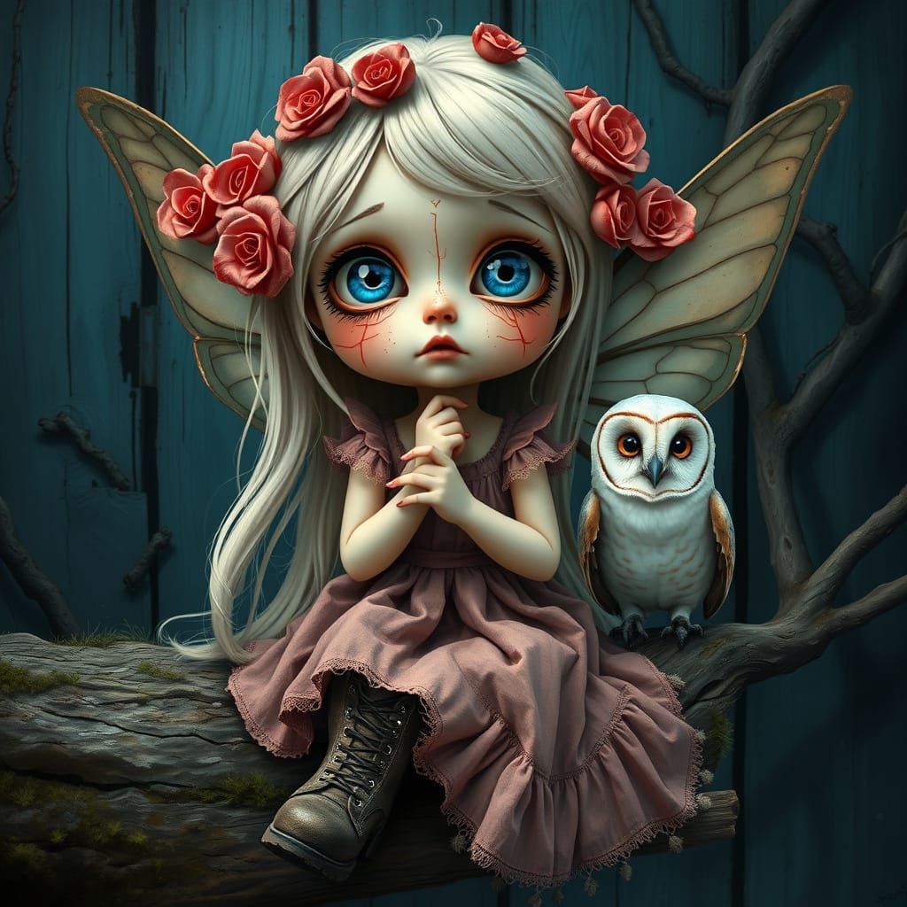 Dark Fantasy Fairy Portrait with Owl on Branch