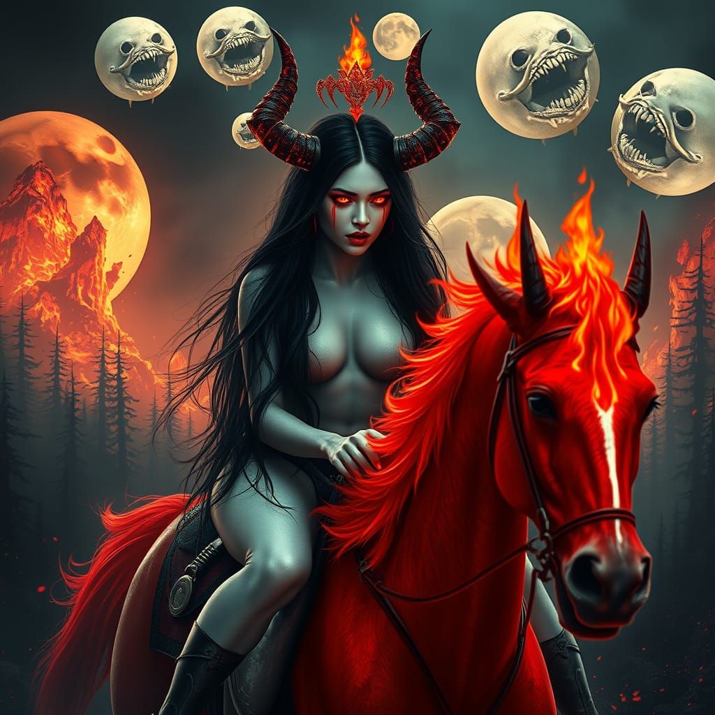 Infernal Woman Rides Neon Horse Through Burning Forest