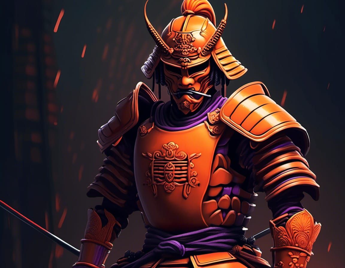 Orange Armored Samurai in Ukiyo-e Style