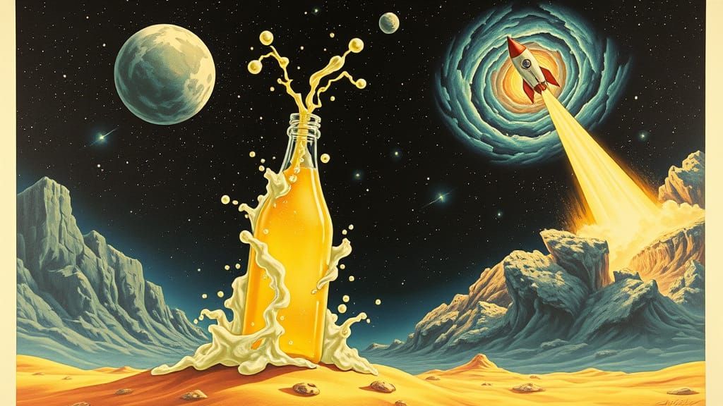 Lemonade on Alien Planet with Rocket in Funk Art Style
