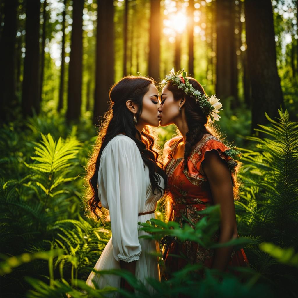 Romantic Kiss in a Forest