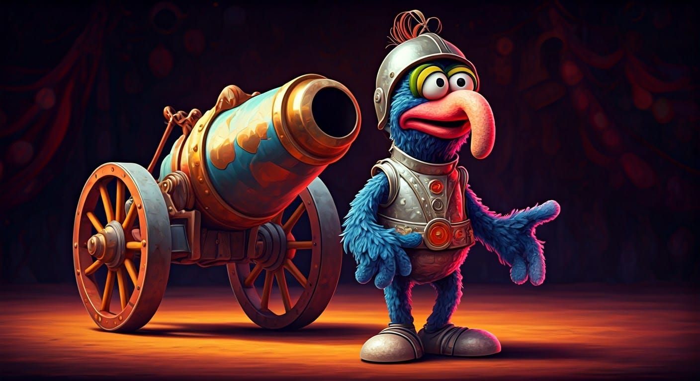 Gonzo in Whimsical Circus Attire, Beside a Vibrant Cannon