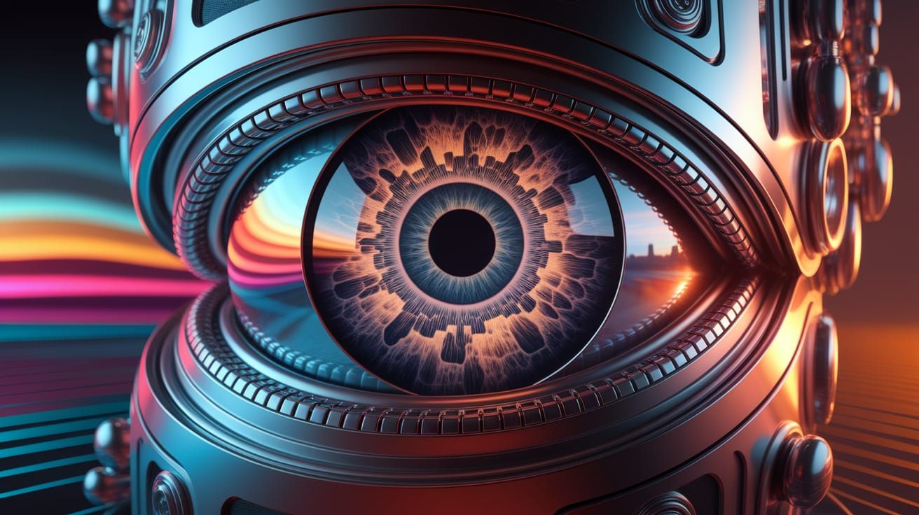 Cyberpunk Cyborg Eye in Vivid, Futuristic Landscape