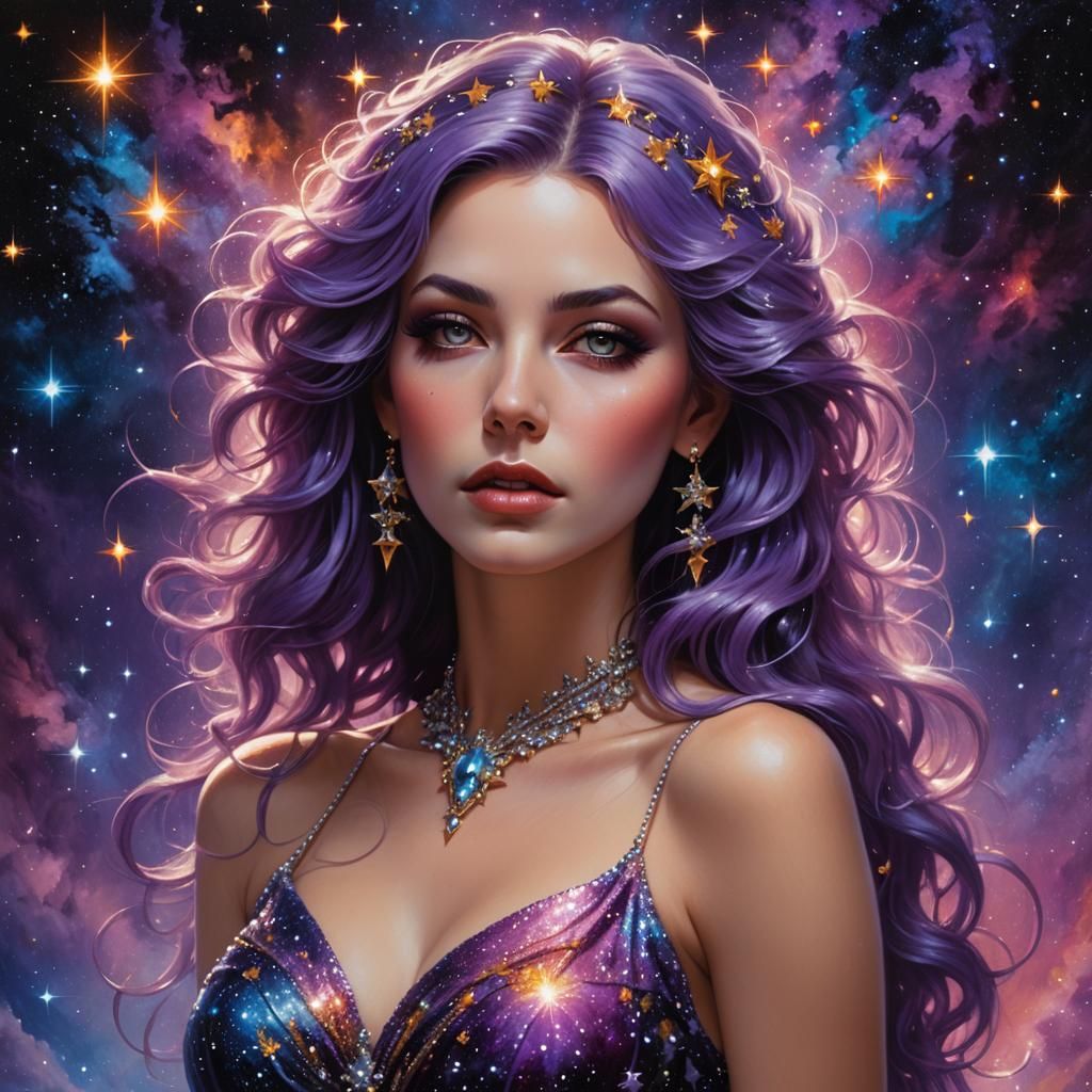 Ethereal Star Gown: Woman with Purple Hair