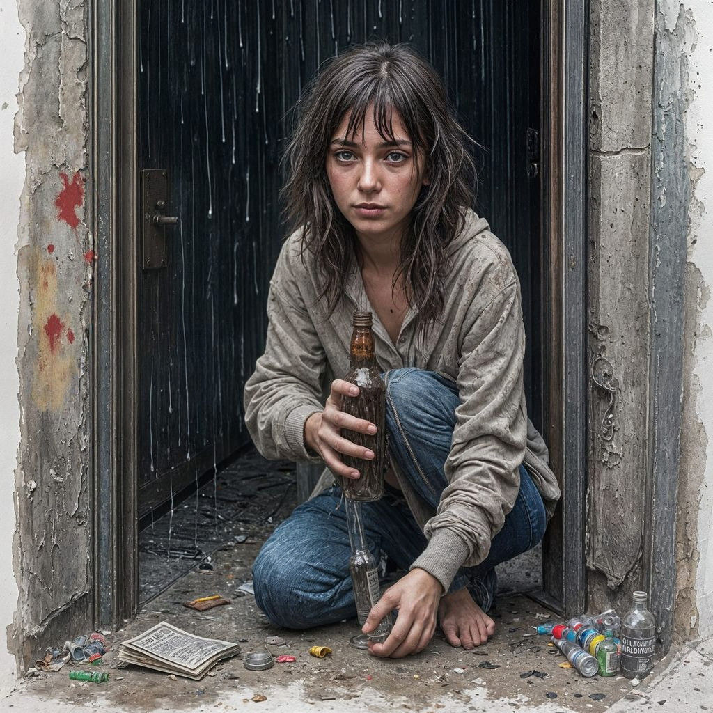 Homeless Woman in Alleyway: Watercolor and Ink