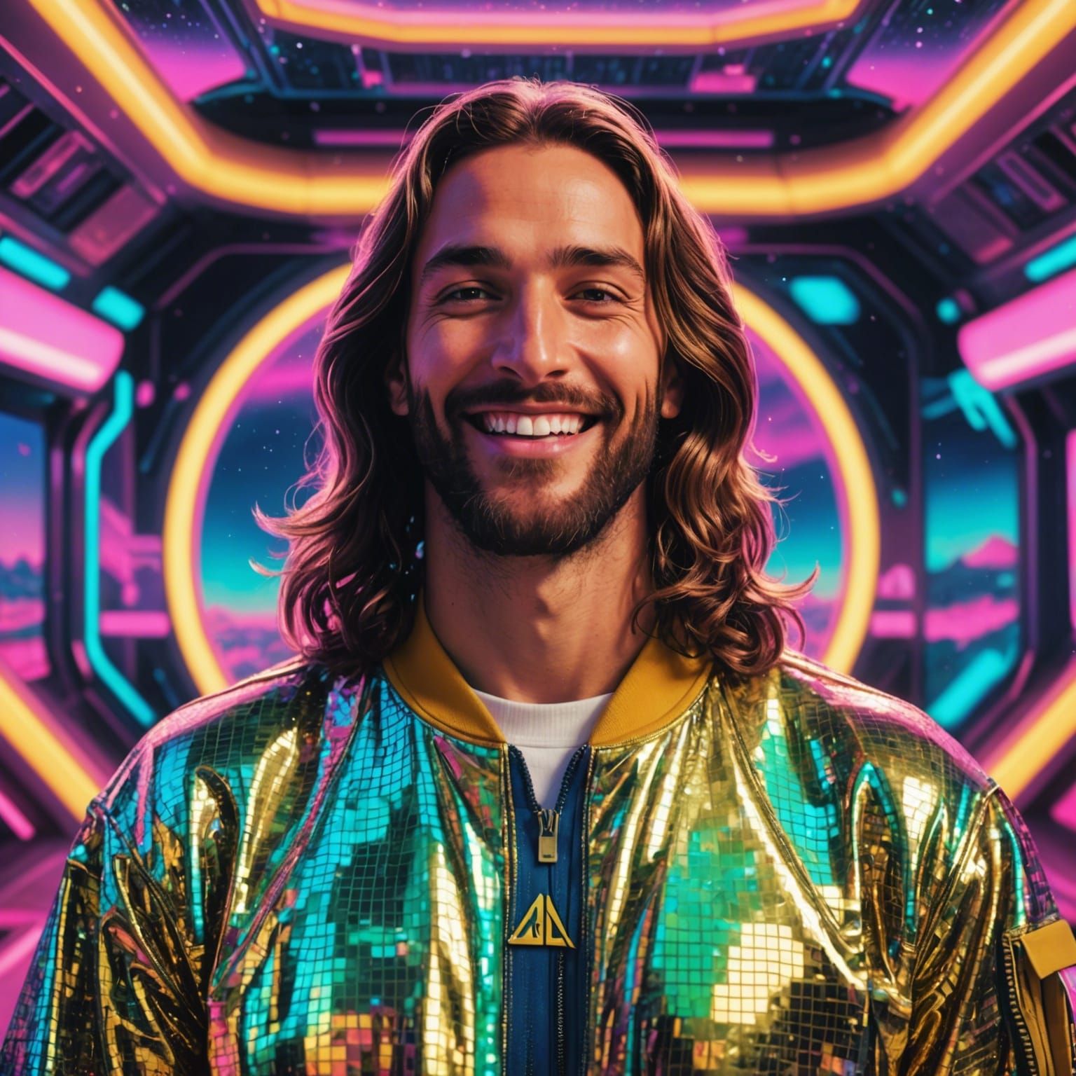 hyper realistic vaporwave inverted neon matrix background otherworldly smiling Jesus Christ with golden teeth and Adidas...