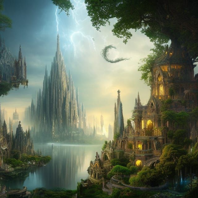 Utopian City of Light With Floating Gardens