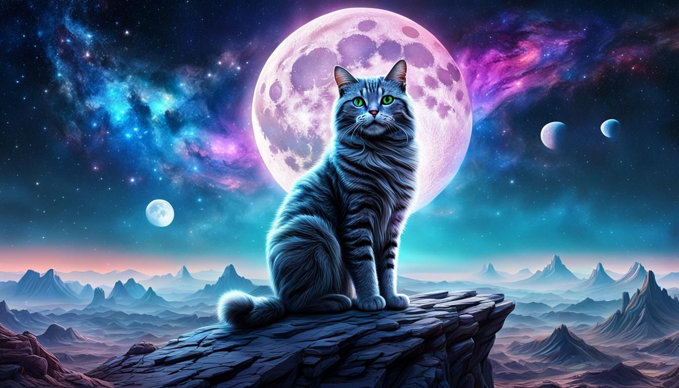 Alien Moon Cat in Cosmic Landscape