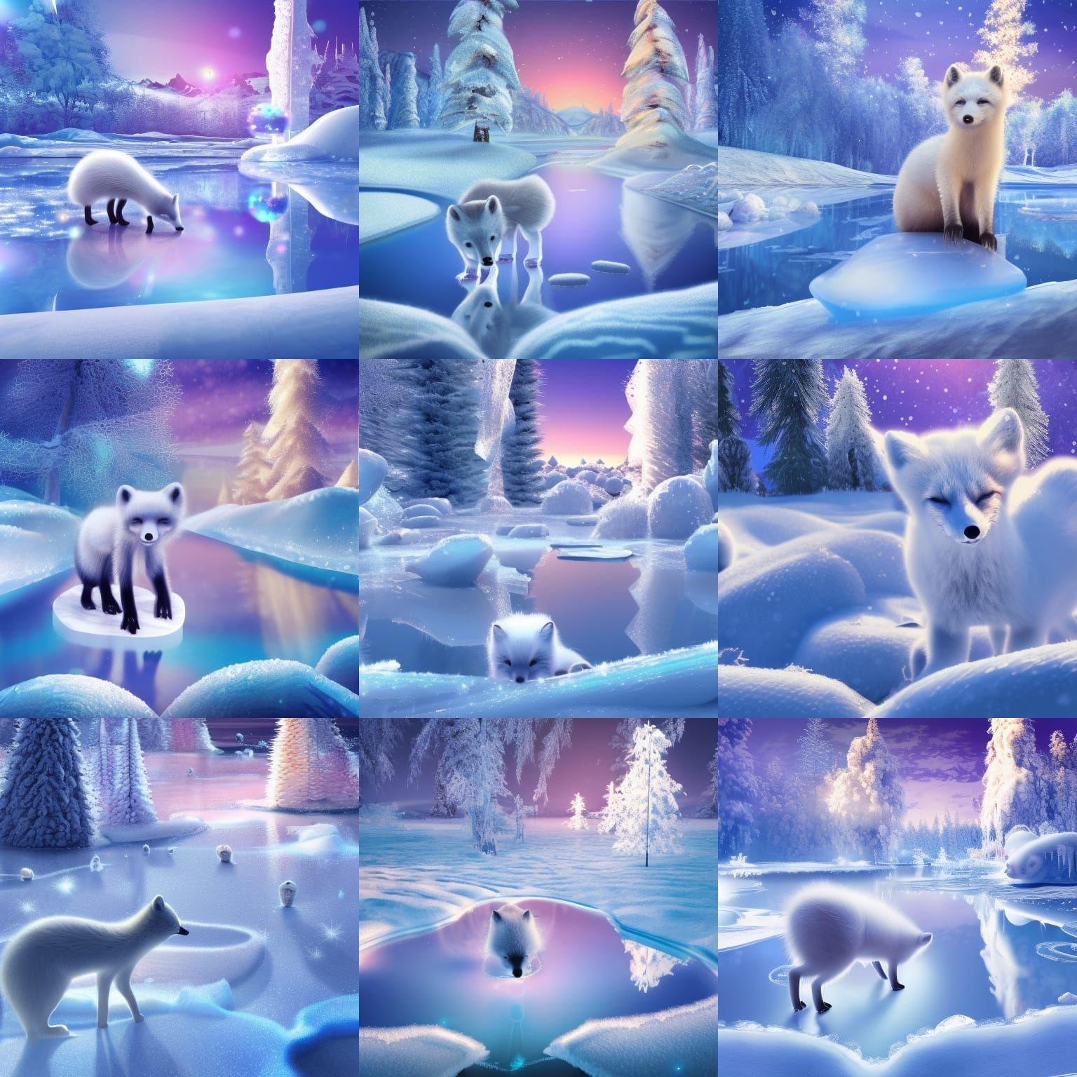 Cute Arctic Fox in Snowy Art Nouveau Landscape