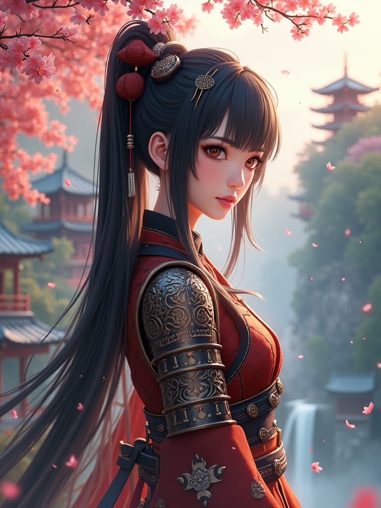 Ethereal Asian Goddess in Samurai Armor, Amidst a Misty Asia...