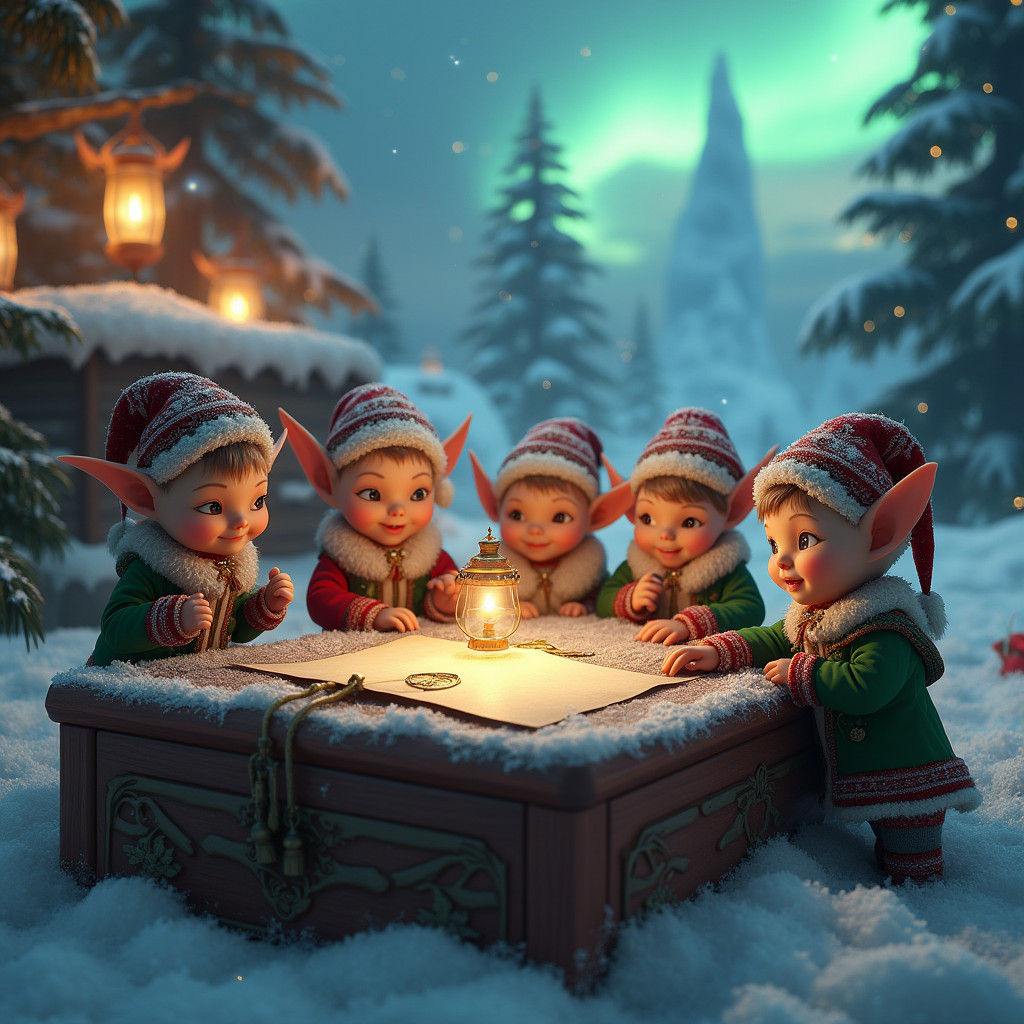 Elves at North Pole Receive Letter, Digital Art
