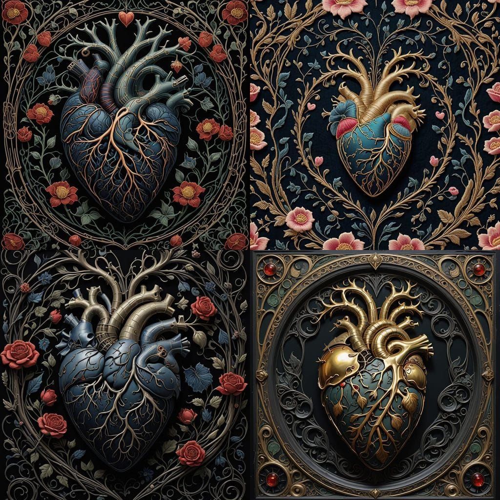 Surreal Embroidered Heart in Art Nouveau Style