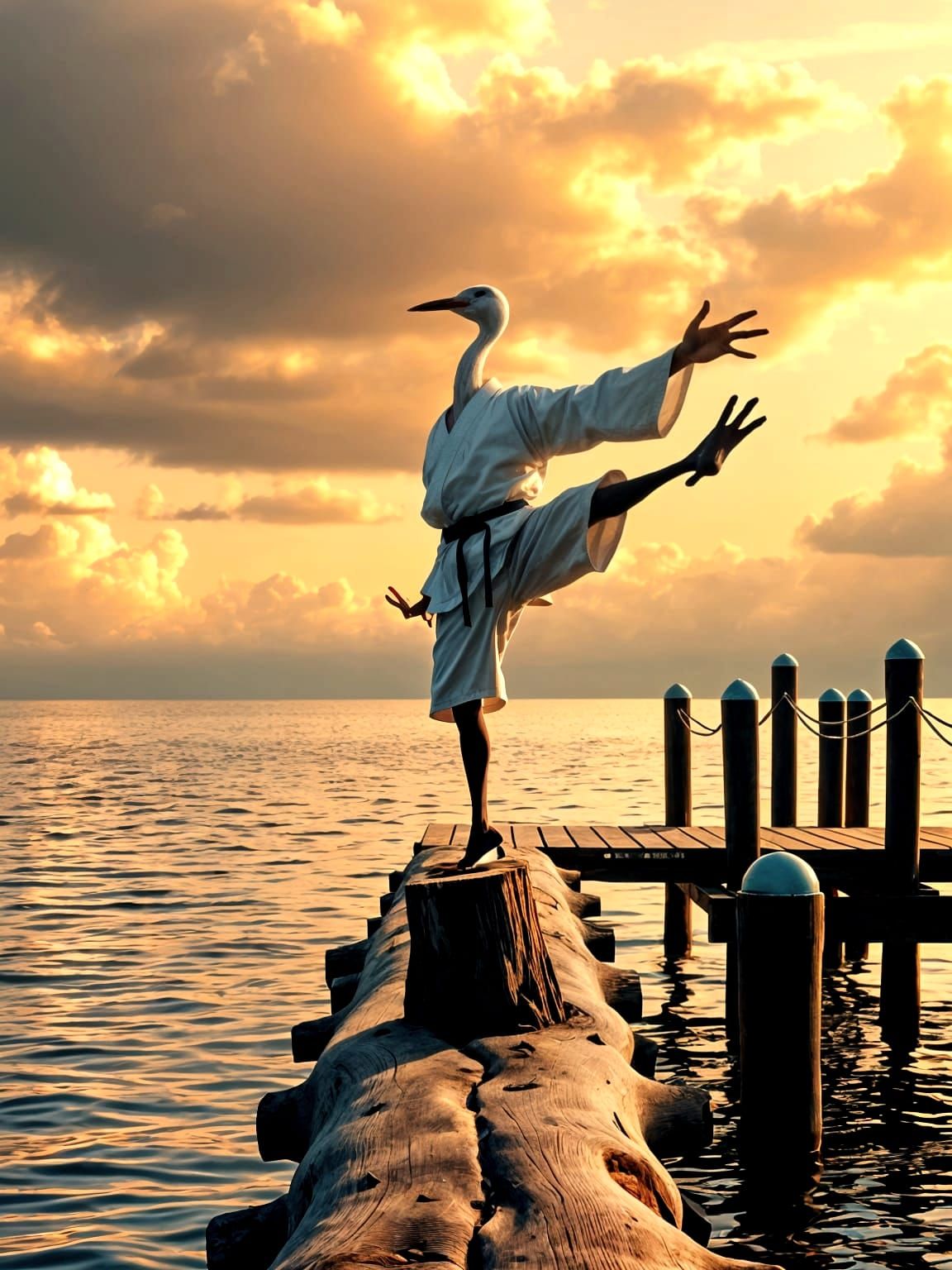 Crane Karate Master on Pier, Digital Art Style