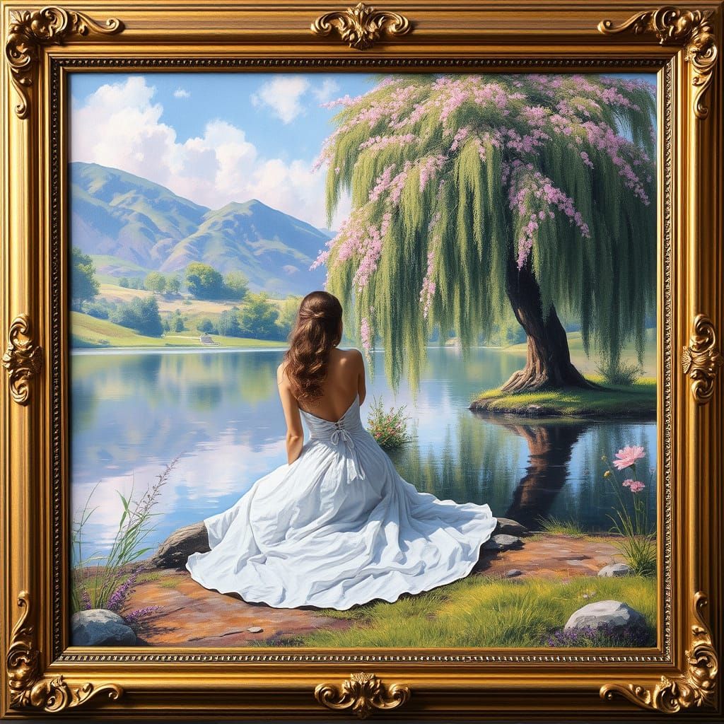 Serene Woman in Bucolic Landscape as Oil Painting