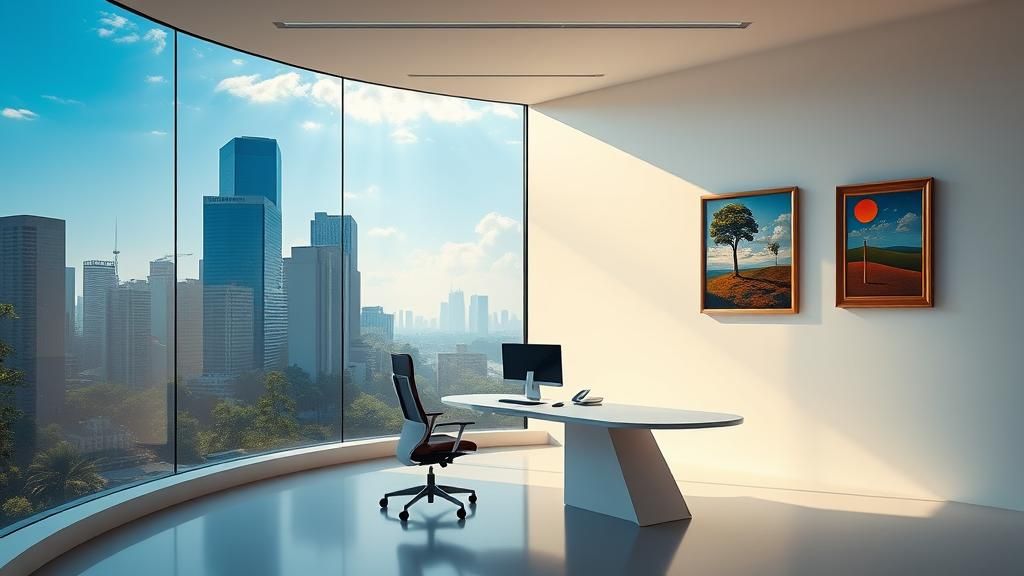Modern Office with Surrealist Art in 8K Unreal Engine