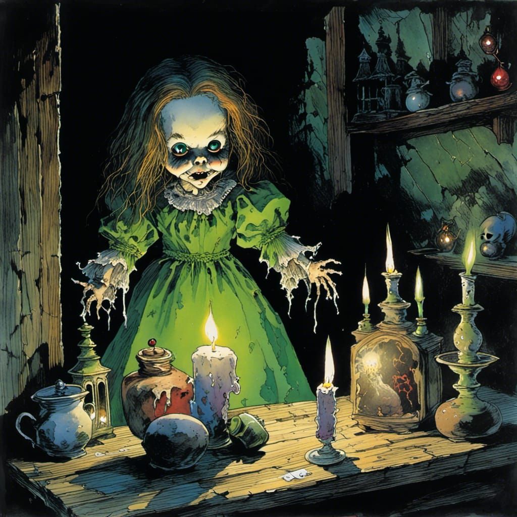 <lora:VersoComicAfterDark:1.0> a ghost doll spits in the bas...