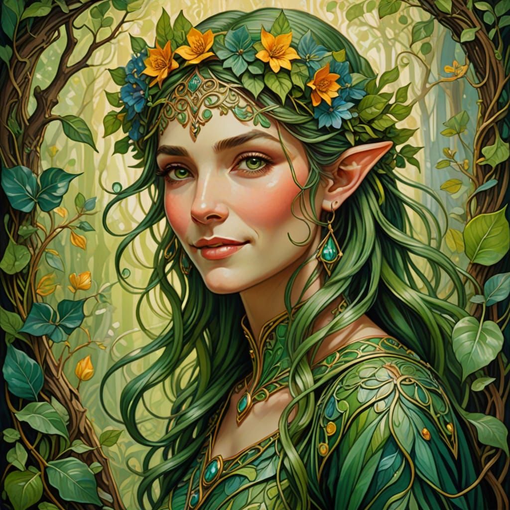 Art Nouveau Wood Elf Woman Amidst Botanical Patterns