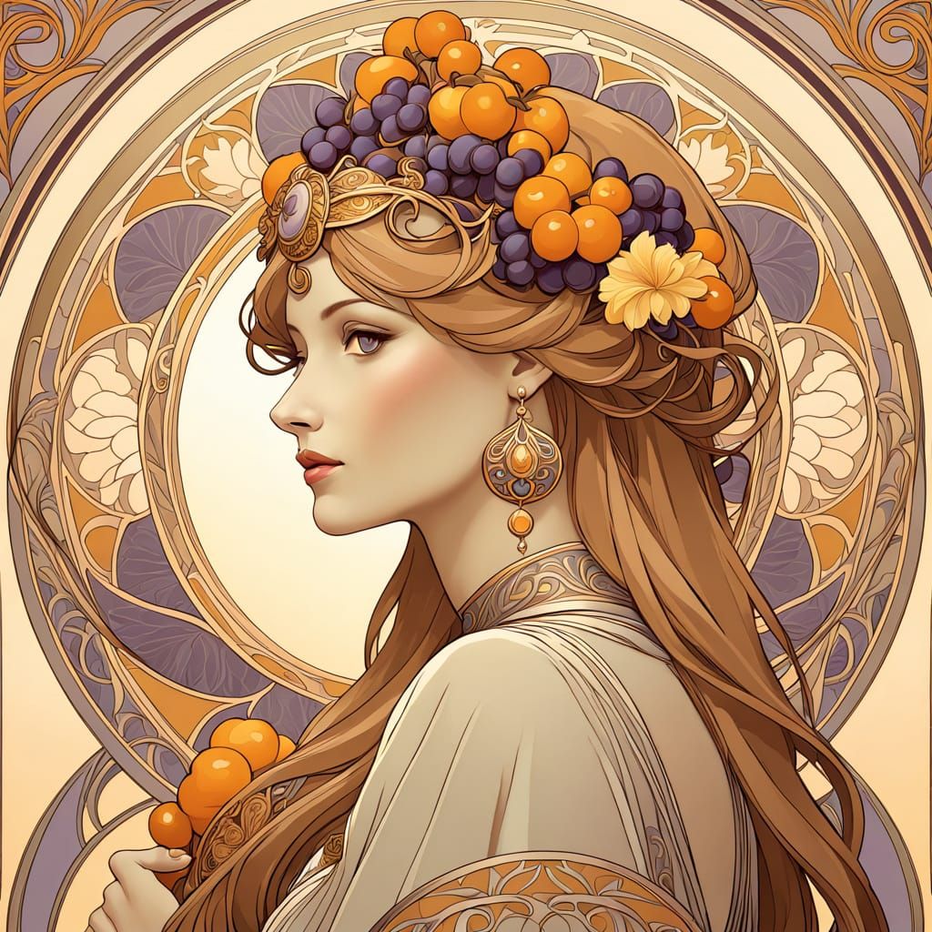 Serene Art Nouveau Woman with Grapes