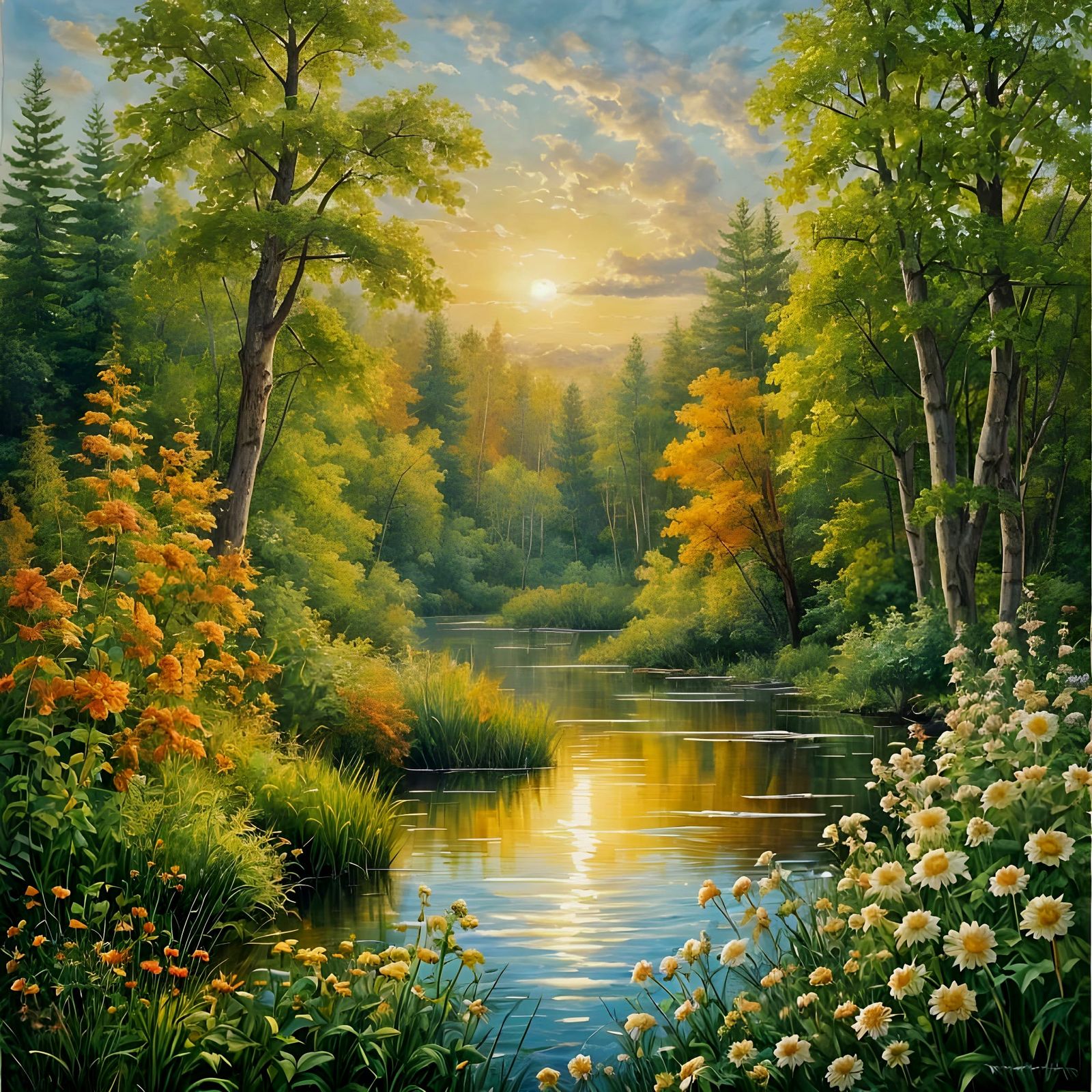 Majestic Lake Scene in Gouache Style