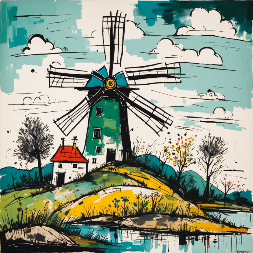 Windmill and Crocodile Ink Drawing on Hill