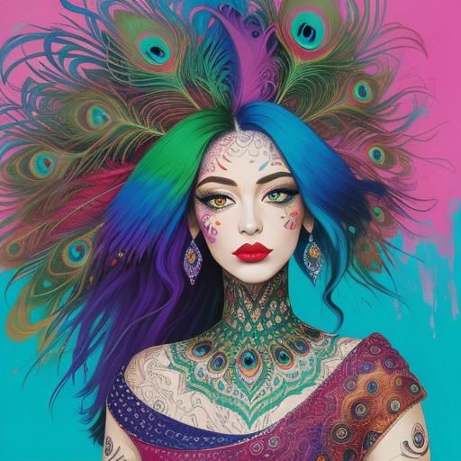 Abstract Portrait of Woman with Peacock Feather Hair