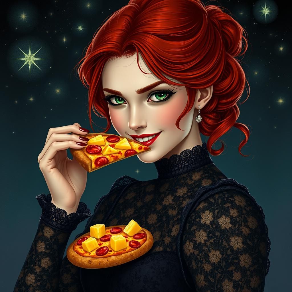 Victorian Woman Eats Pineapple Pizza Under Starry Sky