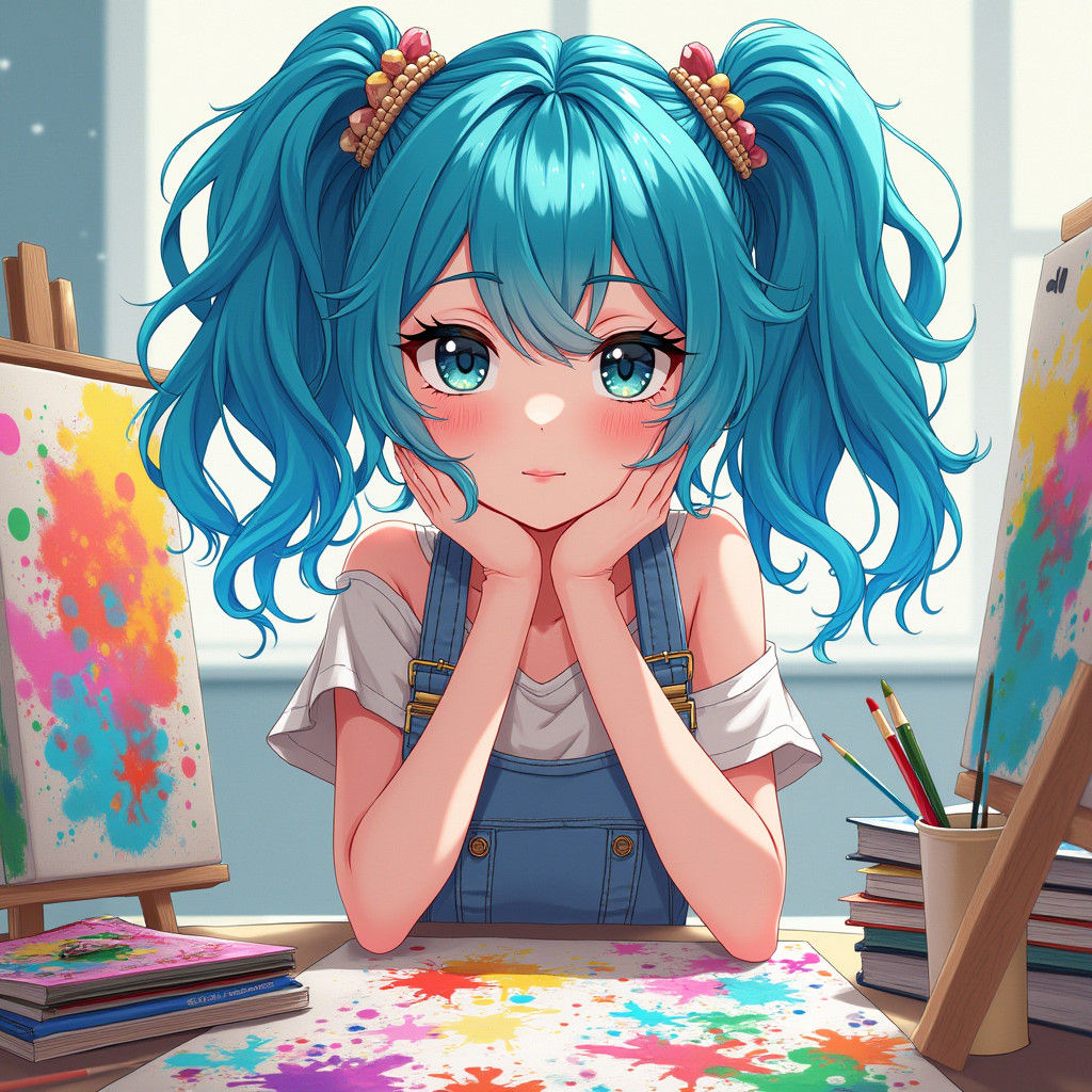 Anime Girl with Blue Curls Surrounded by Art