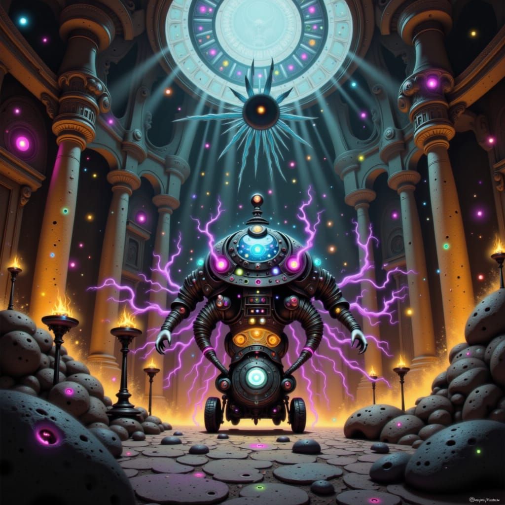 Powerful Rune-Adorned Robot in Magical Dungeon