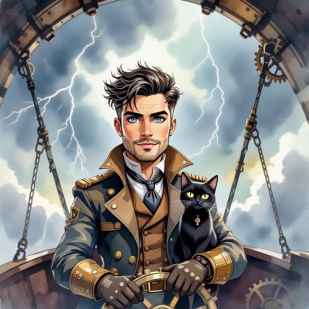 Steampunk Airship Captain and Cat in Watercolor Style