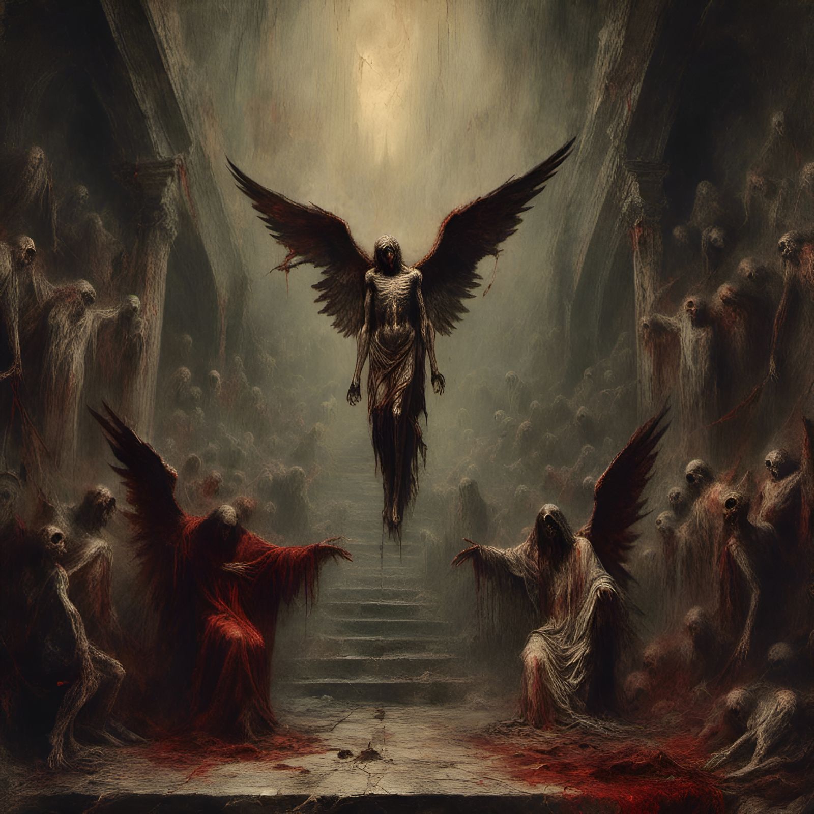 Demonic Crucifixion in Catacombs: Macabre Illustration