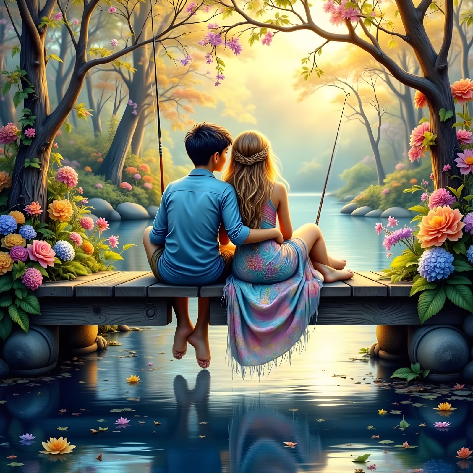 Teens Fishing on Bridge in Ethereal Art Nouveau Style