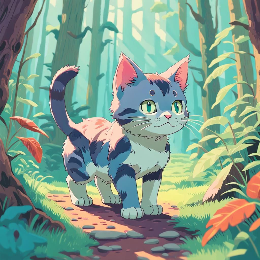 Kitten in Studio Ghibli Style with Psychedelic Border