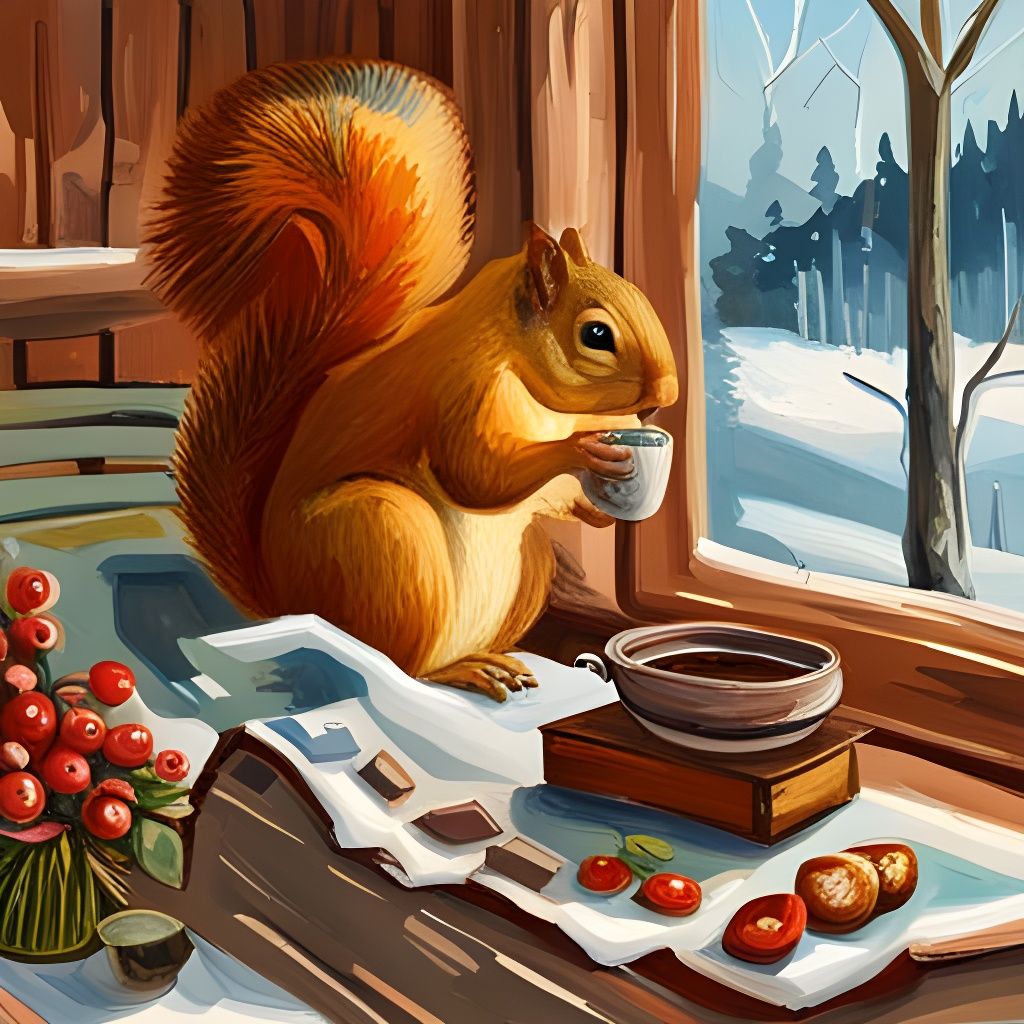 Squirrel Sipping Coffee: Gouache Winter Cabin Scene