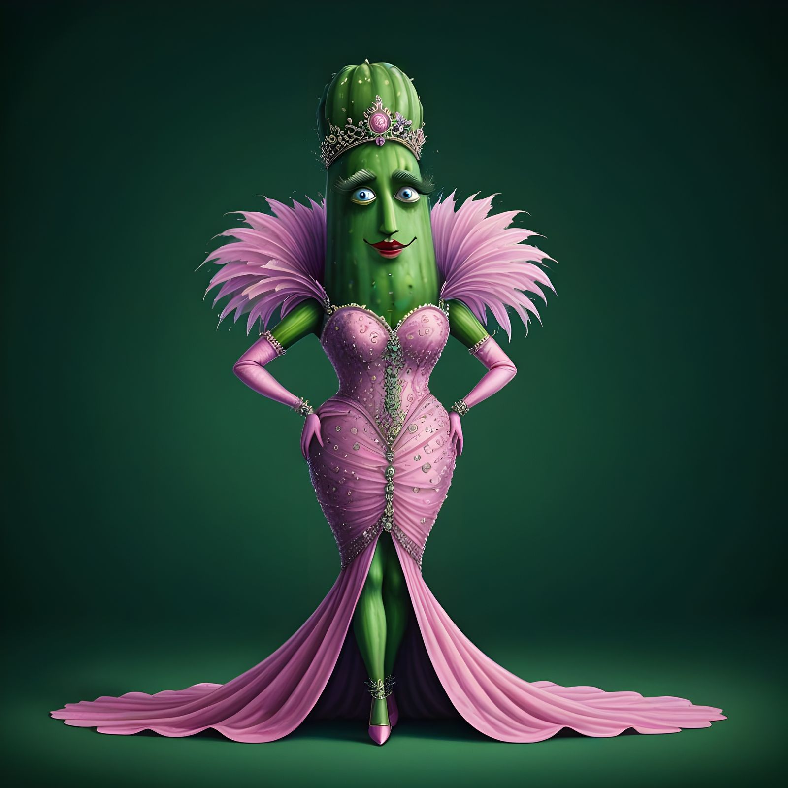 Whimsical Cucumber Drag Queen in Emerald Gown